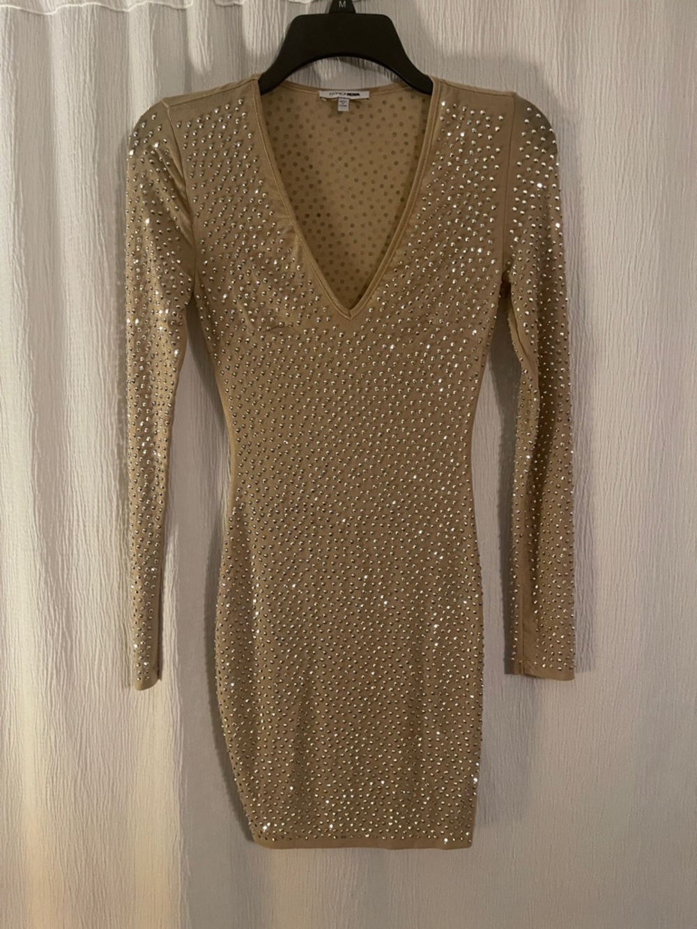 Fashion Nova Taupe Rhinestone V-Neck Long Sleeve Bodycon Dress